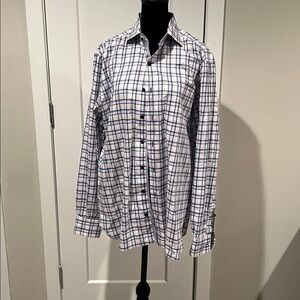 Men's White Dress Shirt with Navy Windowpane Check